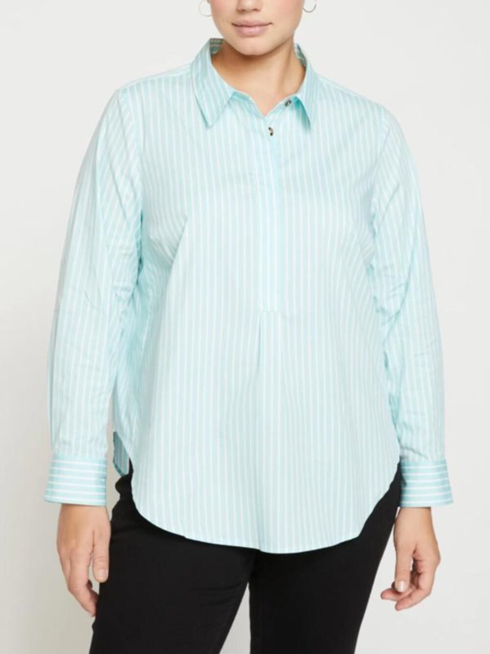 Universal Standard Elbe Half-Placket Popover Shirt M 18/20 Aqua White Stripe